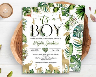 Editable Jungle It's a Boy Baby Shower Invitation Template, Gold Safari Animals Baby Shower Invite Boy, Tropical Baby Shower Invite CEP038