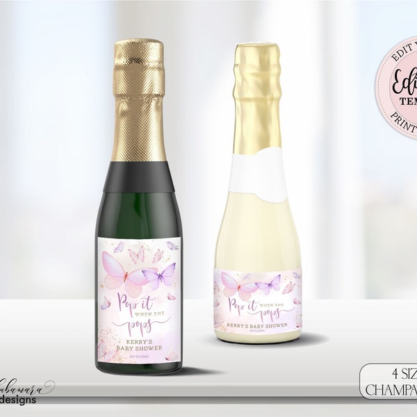 Editable Butterfly Baby Shower Mini Champagne Label, Pink Purple Butterflies Large Wine Label, Girl Baby Shower Pop it When She Pops CEP087