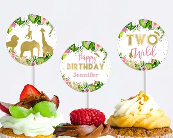 Safari Two Wild Cupcake Toppers, 2nd Birthday Cake Toppers, Jungle Animals Favor Tags, Girl Decor, 2 inch Round Cupcake Toppers CEP030