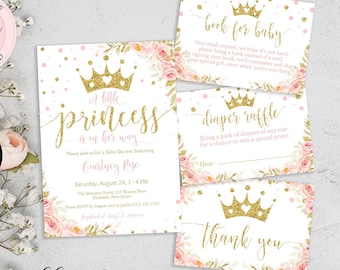 Editable Princess Baby Shower Invitation Set, Pink Gold Girl Baby Shower Invite Bundle, A Little Princess is on Her Way Baby Shower  CEP129