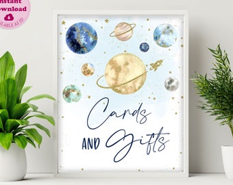 Outer Space Cards and Gifts Birthday Sign, Printable Cards & Gifts Baby Shower Table Sign, Boy Rocket Astronaut Party Birthday Decor CEP071