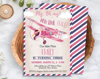 Flugzeug-Geburtstags-Einladung Mädchen, bearbeitbare rosa Flugzeug-Geburtstags-Einladung, Mädchen-Piloten-Einladung, Doppeldecker-Party einladen CEP135