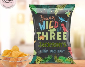 Dinosaur Birthday Chip Bag, Editable Young Wild & Three Dinosaur Chip Bag, Boy T-Rex 3rd Birthday Favor Bag, Chalkboard Dino Chip Bag CEP037