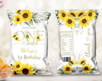 Editable Onederful Chip Bag, Sunflowers Chip Bag, Yellow Gold Sunflower 1st Birthday Snacks Treats Favor Chip Bag Digital CEP143