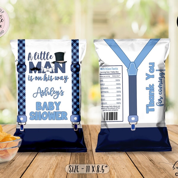 Editable A Little Man Chip Bag, Navy Blue Boy Baby Shower Chip Bag, Suspenders, Bowtie Mustache, Top Hat Digital Chip Bag CEP165