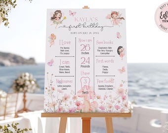 Editable Fairy First Milestone Birthday Sign Girl, Enchanted Garden Birthday Party 1st Birthday Sign, Fairy Stats Poster BD001