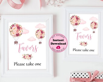 Hot Air Balloon Favors Sign, Pink Floral Favors Table Sign, Printable Baby Shower Please Take One, Girl Baby Shower Sign CEP006