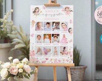 Editable Fairy First 12 Months Photo Collage, Enchanted Garden Girl First Year Poster Sign, Birthday Year in Pictures Poster BD001