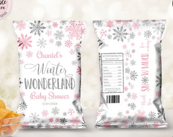 Winter Wonderland Baby Shower Chip Bag, Pink Silver Snowflakes Chip Bag, Winter Girl Baby Shower Snacks Treats Favor Digital Chip Bag CEP027