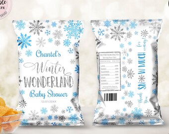 Winter Wonderland Baby Shower Chip Bag, Blue Silver Snowflakes Chip Bag, Winter Boy Baby Shower Snacks Treats Favor Digital Chip Bag CEP027