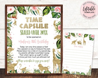 Safari Time Capsule Sign and Note Card, Jungle Animals Time Capsule 1st Birthday Sign, Editable Girl Zoo Birthday Time Capsule  CEP038