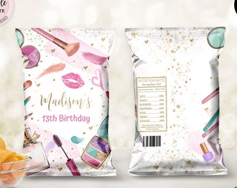 Editable Spa Party Chip Bag, Glitz and Glam Birthday Chip Bag, Pink Gold Makeup Party Birthday Snacks Treats Favor Chip Bag Digital CEP079