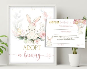 Adoptez une fille de signe d'anniversaire de lapin, signe de table de lapin, certificat imprimable d'adoption de lapin, signe d'anniversaire d'adoption de lapin CEP077