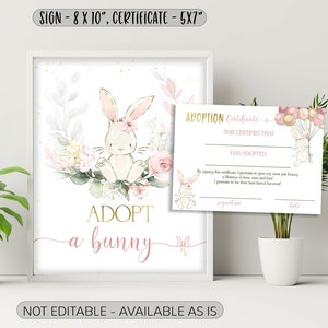 Adoptar una chica de signo de cumpleaños de conejito, signo de mesa de conejito, certificado de adopción de conejito imprimible, algún signo de cumpleaños de adopción de conejito CEP077