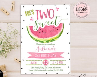 Watermelon 2nd Birthday Invitation Girl, She's Two Sweet Birthday Invitation, Editable Melon Second Birthday Invitation Template CEP137