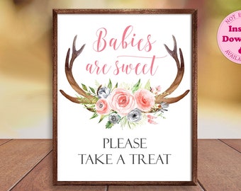 Babies are Sweet Please Take a Treat Sign, Deer Antlers Tribal Desserts Sign, Printable Pink Floral Baby Shower Sweet Treats Sign CEP052