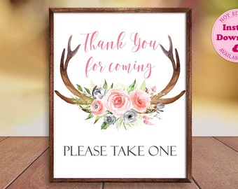 Thank You For Coming Baby Shower Sign, Deer Antlers Tribal Favors Sign, Printable Boho Blush Pink Floral Baby Shower Gifts Decor CEP052