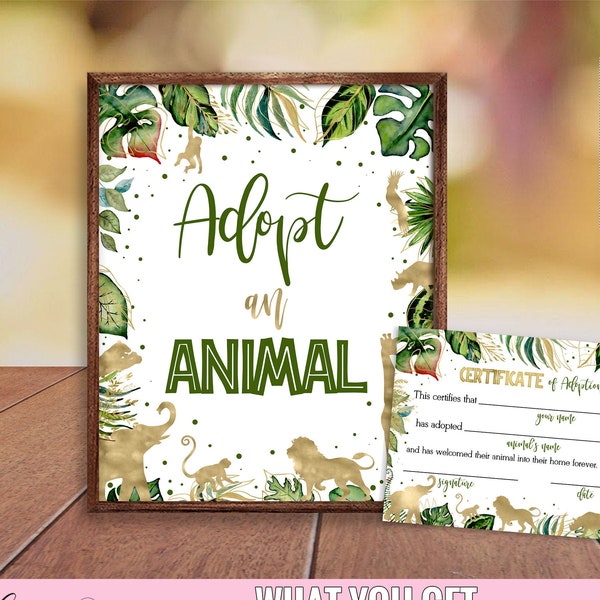 Adopt an Animal Birthday Sign Boy, Gold Jungle Animals Table Sign, Printable Safari Adoption Certificate, Wild Zoo Party Jungle Sign CEP038