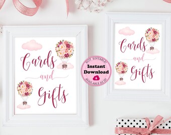 Hot Air Balloon Cards & Gifts Sign, Pink Floral Cards and Gifts Table Sign, Printable Baby Shower Sign, Girl Baby Shower Sign CEP006