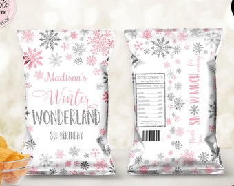 Winter Wonderland Chip Bag, Pink Silver Snowflakes Birthday Chip Bag, Winter Any Age Birthday Snacks Treats Favor Chip Bag Digital CEP027