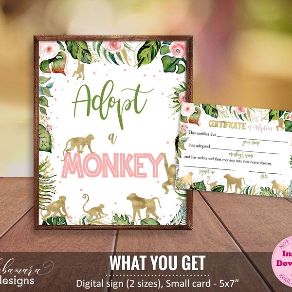 Adopt a Monkey Birthday Sign Girl, Gold Jungle Animals Table Sign, Printable Safari Adoption Certificate, Wild Zoo Party Jungle Sign CEP038