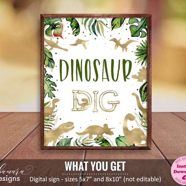 Dinosaur Dig Sign, Printable Gold Dino Dig Sign for Boys, Prehistoric Dino Party Table Sign, Wild T-Rex Digital Birthday Sign CEP039