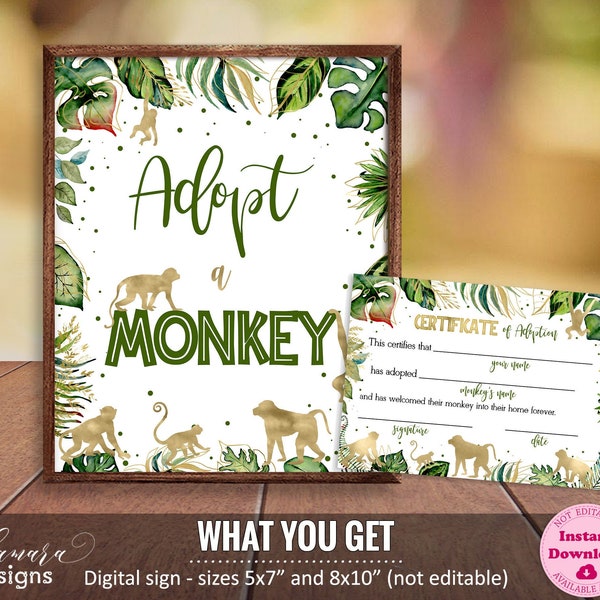 Adopt a Monkey Birthday Sign Boy, Gold Jungle Animals Table Sign, Printable Safari Adoption Certificate, Wild Zoo Party Jungle Sign CEP038