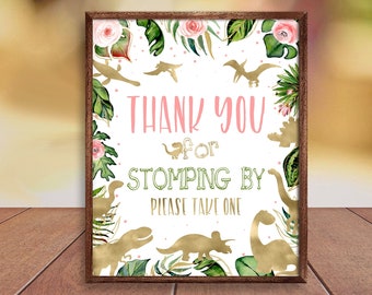 Dinosaur Favors Sign, Printable Gold Dinosaurs Thank You Sign Girl, Dino Party Table Sign, Wild T-Rex Dino Digital Party Favors Sign CEP039