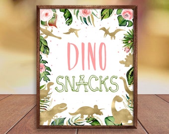 Dino Snacks Sign, Gold Dinosaurs Snacks Birthday Sign Girl, Printable Dino Food Table Sign, T-Rex Dino Party Birthday Decor CEP039