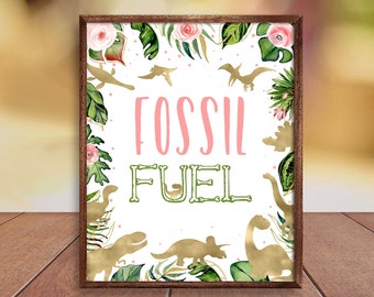 Fossil Fuel Sign, Gold Dinosaurs Fuel Drinks Birthday Sign Girl, Printable Dino Drinks Table Sign, T-Rex Dino Party Birthday Decor CEP039