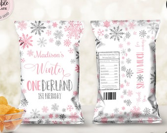 Winter Onederland Chip Bag, Pink Silver Snowflakes Birthday Chip Bag, Winter Wonderland Snacks Treats Favor Chip Bag Digital CEP027