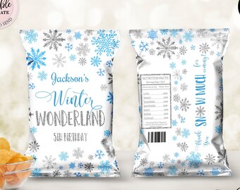 Winter Wonderland Chip Bag, Blue Silver Snowflakes Birthday Chip Bag, Winter Any Age Birthday Snacks Treats Favor Chip Bag Digital CEP027