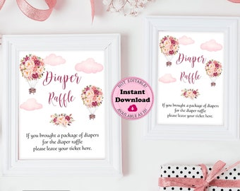 Hot Air Balloon Diaper Raffle Sign, Pink Floral Diaper Raffle Table Sign, Printable Baby Shower Diaper Raffle, Girl Baby Shower Sign CEP006