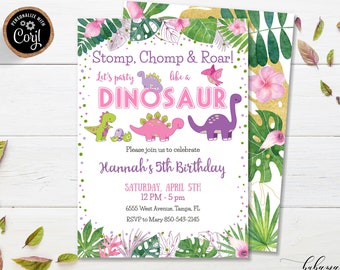 Editable Dinosaurs Birthday Invitation Girl, Purple Pink Green Dinosaurs Birthday Invitation, Tropical Safari Dino Birthday Invite CEP036