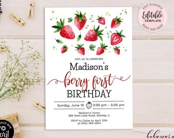 Strawberry Birthday Invitation, Editable Berry First Birthday Template, Girl 1st Birthday Berry Sweet Strawberry Birthday Invite CEP075