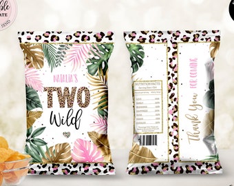 Editable Two Wild Leopard Print Chip Bag, Girl Jungle Chip Bag, Safari 2nd Birthday Party Snacks Treats Favor Digital Chip Bag CEP086