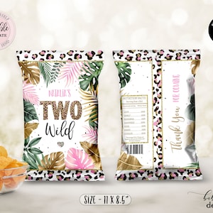 Editable Two Wild Leopard Print Chip Bag, Girl Jungle Chip Bag, Safari 2nd Birthday Party Snacks Treats Favor Digital Chip Bag CEP086