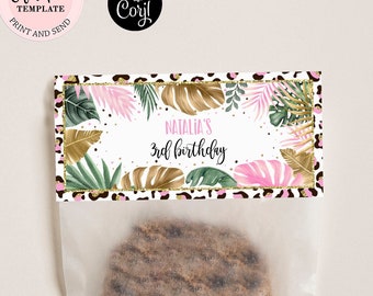 Editable Leopard Print Bag Toppers, Safari Birthday Treat Bag Toppers Template, Girl Jungle Tropical Birthday Bag Tag Topper CEP086