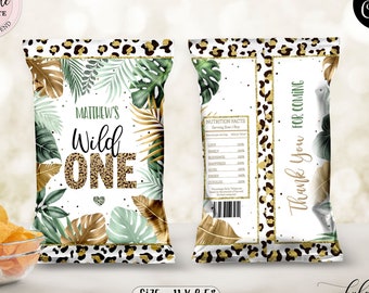 Editable Wild One Leopard Print Chip Bag, Boy Jungle Chip Bag, Safari 1st Birthday Party Snacks Treats Favor Digital Chip Bag CEP086
