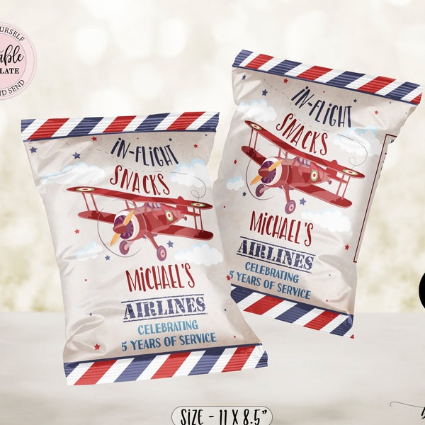 Editable Vintage Airplane Birthday Chip Bag, Red Blue Airplane Chip Bag, In Flight Snacks Boy Birthday Treats Favor Digital Chip Bag CEP135