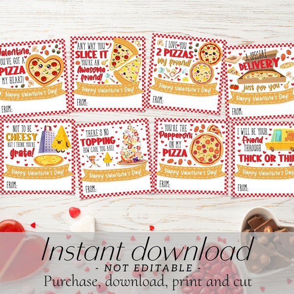 Printable Pizza Valentines Cards, Pizza Cookie Valentines for Kids, Classroom Exchange Tags, Pizza Preschool Kindergarten Instant Download