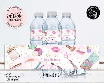 Spa Party Water Bottle Label, Editable Pink Gold Makeup Birthday Water Bottle Label Template, Girl Glam Birthday Watter Bottle Label CEP079