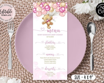 Editable Bear Balloons Baby Shower Menu, Teddy Bear Dinner Brunch Template, Girl Baby Shower Pink Gold Baloons We Can Bearly Wait CEP078