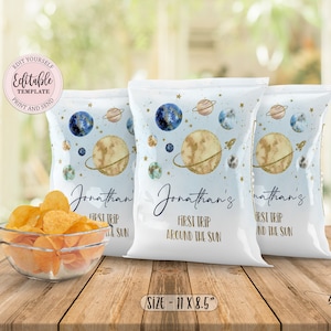 Editable Space Chip Bag, Galaxy Birthday Chip Bag, Boy Outer Space Birthday Favor Bag, Astronaut Space Ship Baby Shower Chip Bag CEP071 image 1