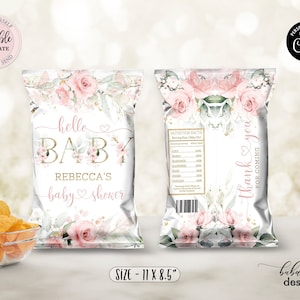 Editable Floral Baby Shower Chip Bag, Blush Pink Floral Chip Bag, Pink Gold Baby Shower Snacks Treats Favor Chip Bag Digital CEP073