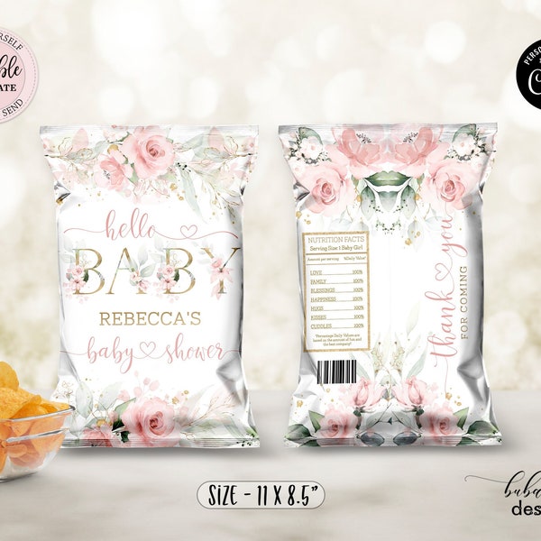 Editable Floral Baby Shower Chip Bag, Blush Pink Floral Chip Bag, Pink Gold Baby Shower Snacks Treats Favor Chip Bag Digital CEP073