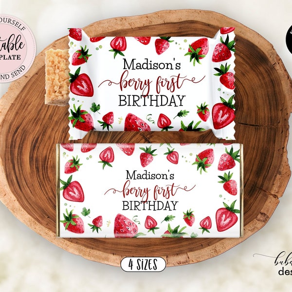 Emballage de barre de chocolat aux fraises modifiable, étiquette de barre de bonbons Berry First Birthday, emballage de chocolat Berry Sweet Strawberries CEP075