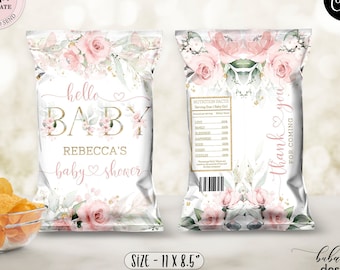 Editable Floral Baby Shower Chip Bag, Blush Pink Floral Chip Bag, Pink Gold Baby Shower Snacks Treats Favor Chip Bag Digital CEP073