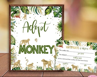 Adopt a Monkey Birthday Sign Boy, Gold Jungle Animals Table Sign, Printable Safari Adoption Certificate, Wild Zoo Party Jungle Sign CEP038