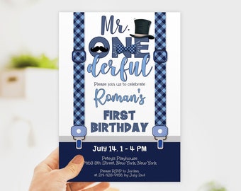 First Birthday Invitation Boy, Mr Onederful Birthday Invite, Navy Blue Suspenders, Bowtie Mustache 1st Birthday, Top Hat Invitation CEP165